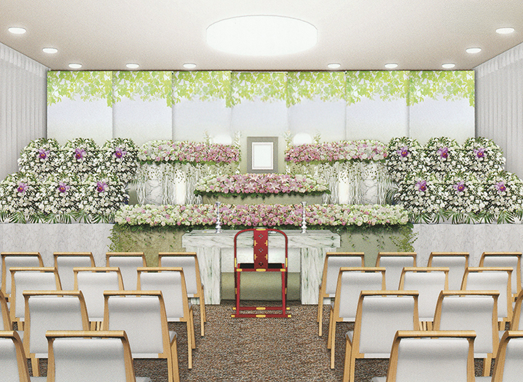 故人の好みを反映した優しい色合いの祭壇