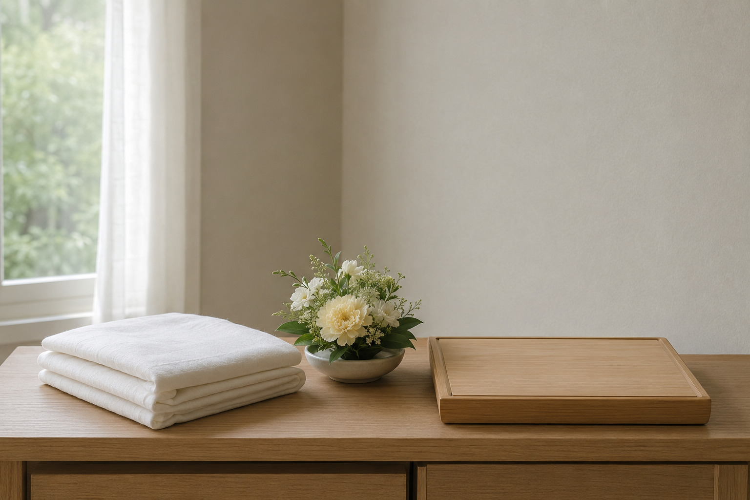 自然光の入る落ち着いた室内で、白い布と小さな花を整えた情景